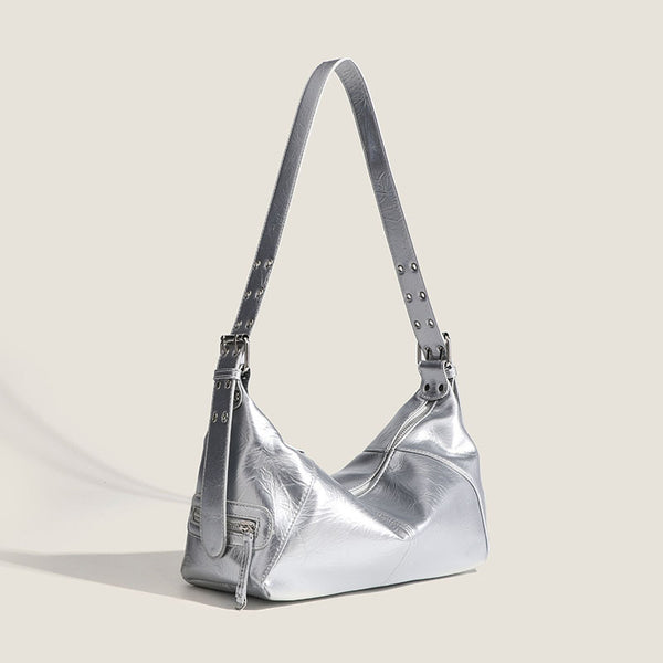Glossy crinkled mini hobo shoulder bag with studded adjustable strap and silver-tone hardware, detail view 3