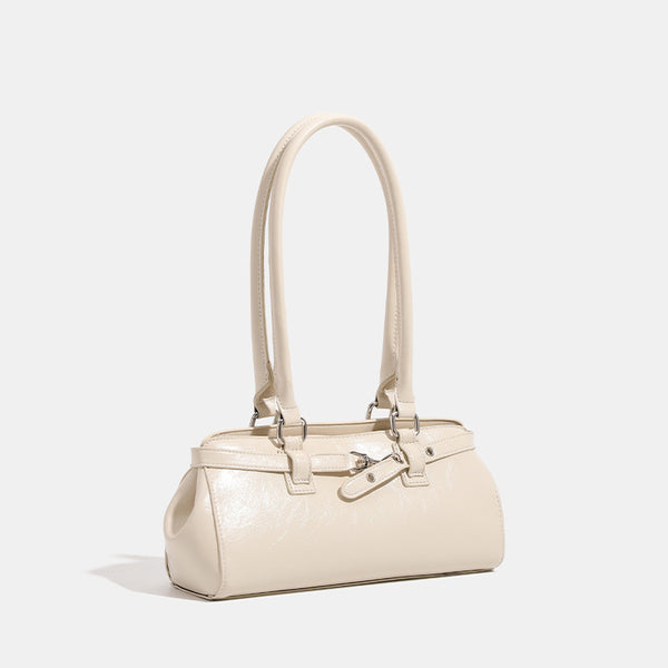 Glossy leather-look baguette shoulder bag with silver-tone hardware and buckle-strap detail, detail view 3