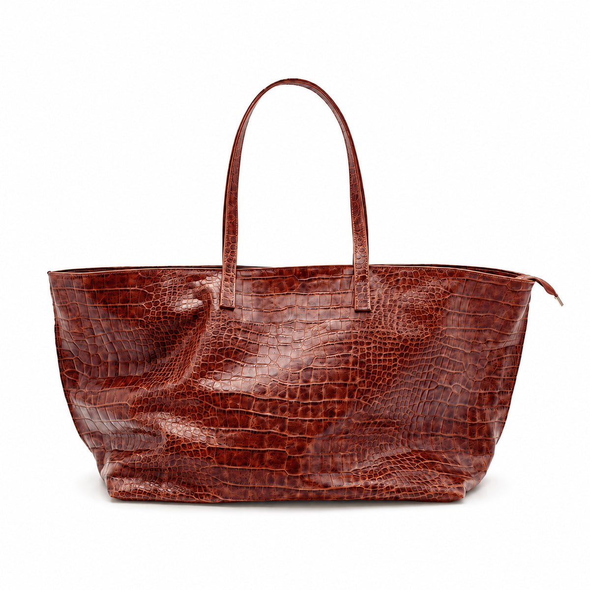Oversized glossy crocodile-embossed tote bag with long double shoulder straps, detail view 6