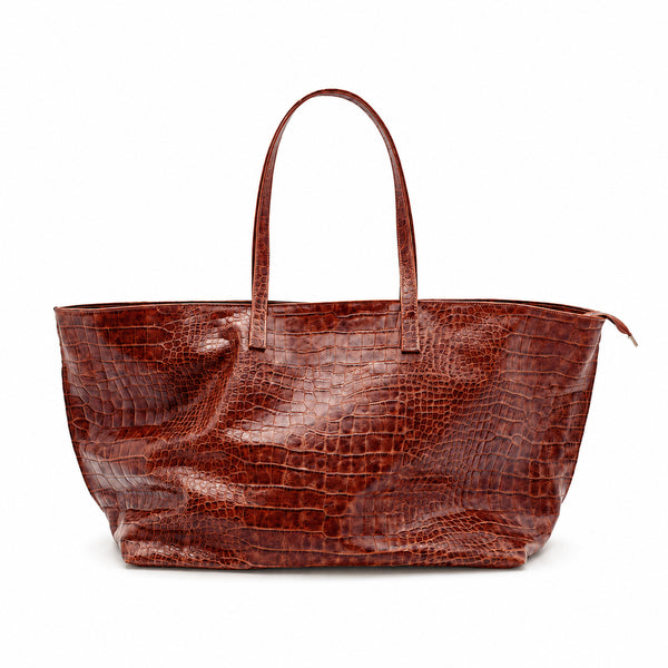 Oversized glossy crocodile-embossed tote bag with long double shoulder straps, detail view 6