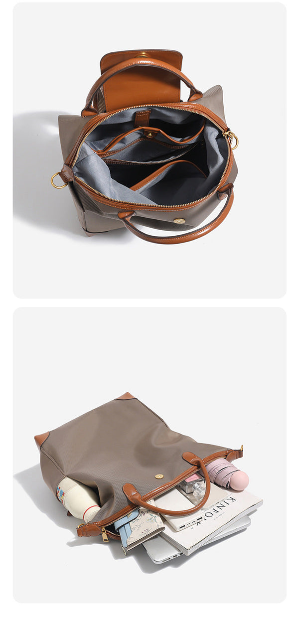 Large matte nylon backpack handbag with cognac leather-look trim, snap flap, and gold-tone hardware, detail view 17