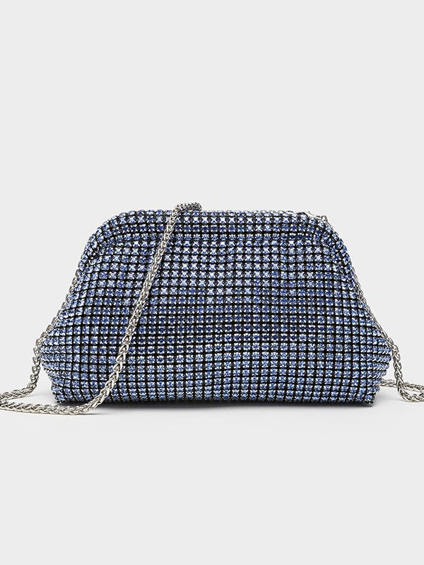 Small crystal rhinestone clutch crossbody bag with silver-tone chain strap and frame-clip closure, detail view 14