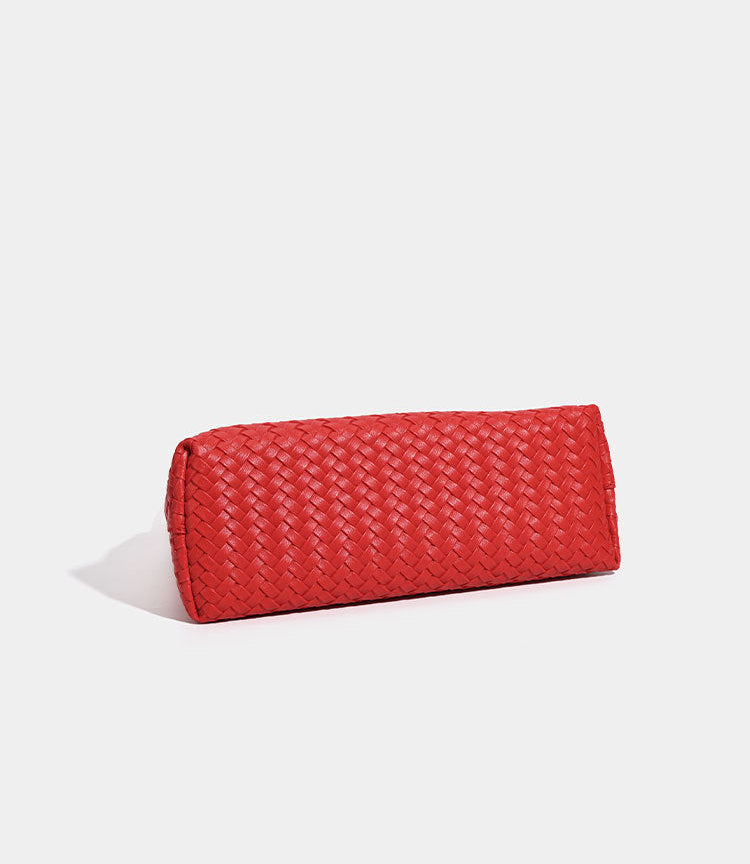 Woven leather-look shoulder bag with braided strap, trapezoidal body, and matching zip pouch, detail view 11