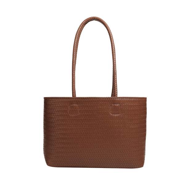 Structured cognac brown woven-texture tote bag with double top handles and open top, detail view 5