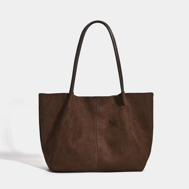 Large open-top suede-finish tote bag with slim shoulder straps in dark brown, detail view 6