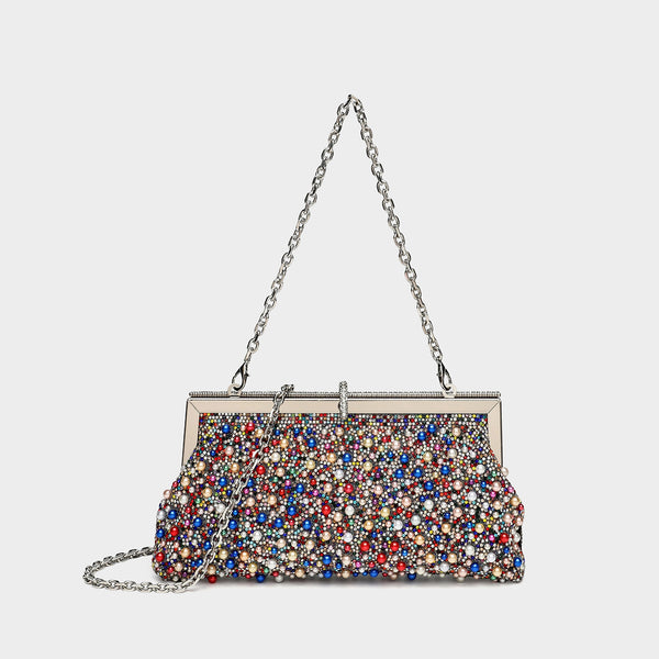 Rechteckige, mit Kunstperlen und Strasssteinen besetzte Abend-Clutch mit silberfarbenem Bügelverschluss und abnehmbarem Kettenriemen