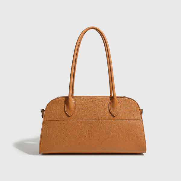 Large structured pebbled leather-look tote bag with double top handles and silver-tone hardware, detail view 9