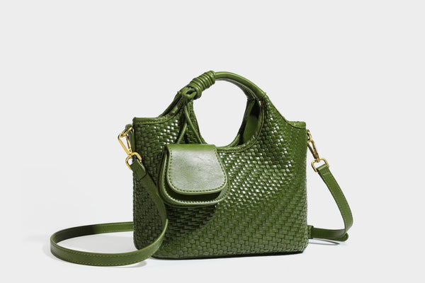 Woven leather-look tote bag in mocha brown with knotted top handle, front flap pocket, and detachable crossbody strap with