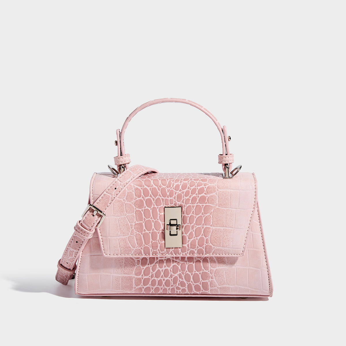 Small structured crocodile-embossed glossy top-handle satchel bag with silver-tone turn-lock clasp and detachable shoulder