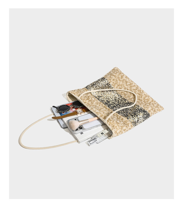 Sequin color-block shoulder tote bag with champagne and silver panels and cream leather-look straps, detail view 14
