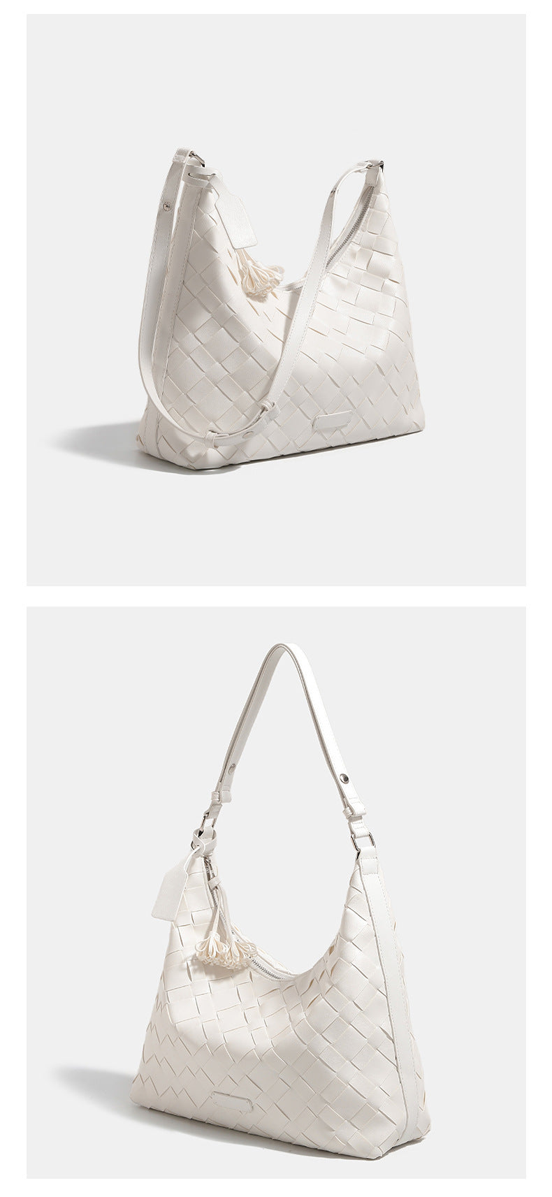 Large woven checker hobo shoulder bag with slim strap, silver-tone hardware, and braided tassel zipper pull, detail view 11