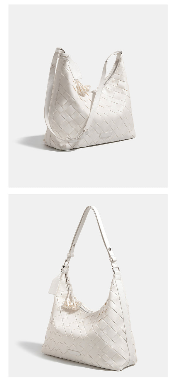 Large woven checker hobo shoulder bag with slim strap, silver-tone hardware, and braided tassel zipper pull, detail view 11
