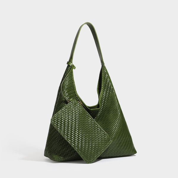Slouchy woven leather-look hobo tote bag in brown with detachable zip pouch and gold-tone hardware, detail view 6