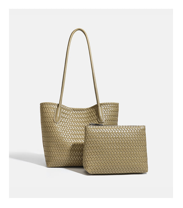 Structured woven leather-look tote bag with long shoulder straps and matching zippered pouch, detail view 19