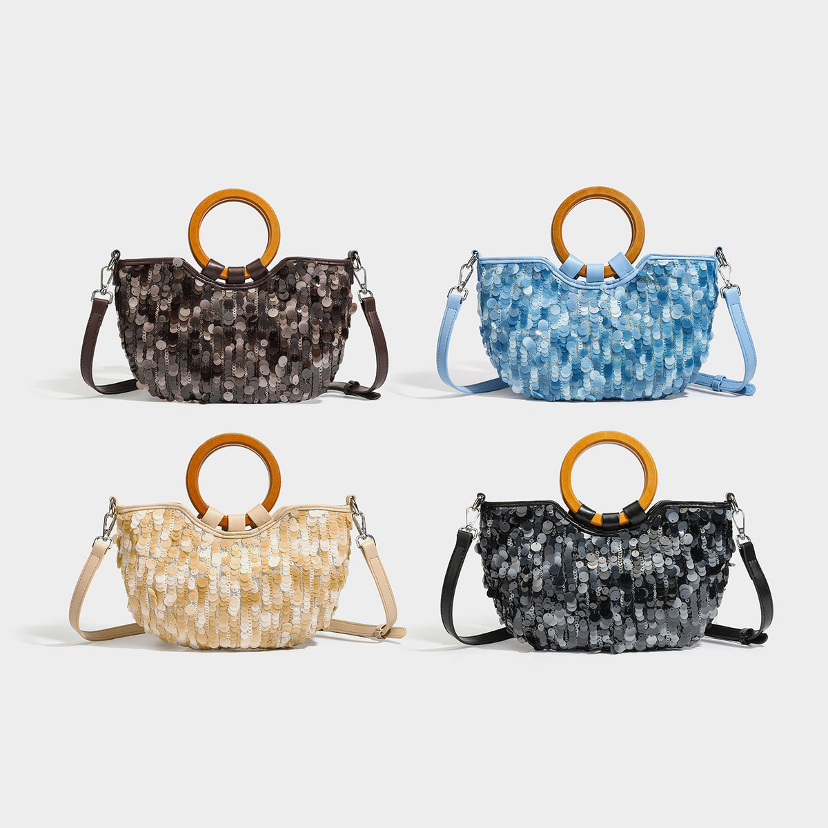 Small sequin half-moon handbag with circular wood-look ring handles and detachable leather-look shoulder strap, detail view 2