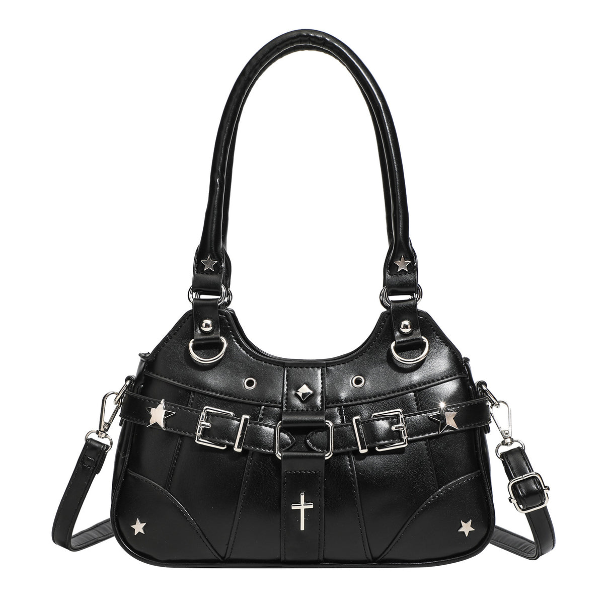 Small structured glossy leather-look crossbody bag with star-stud hardware, buckle strap detail, zip closure, and detachable