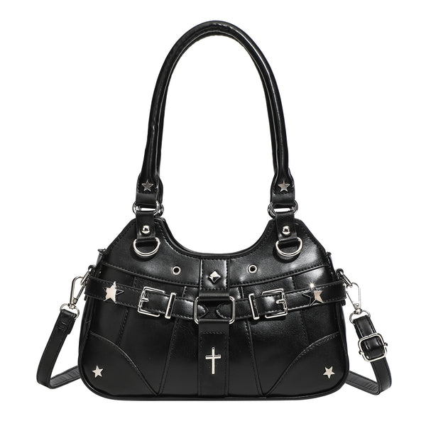 Small structured glossy leather-look crossbody bag with star-stud hardware, buckle strap detail, zip closure, and detachable
