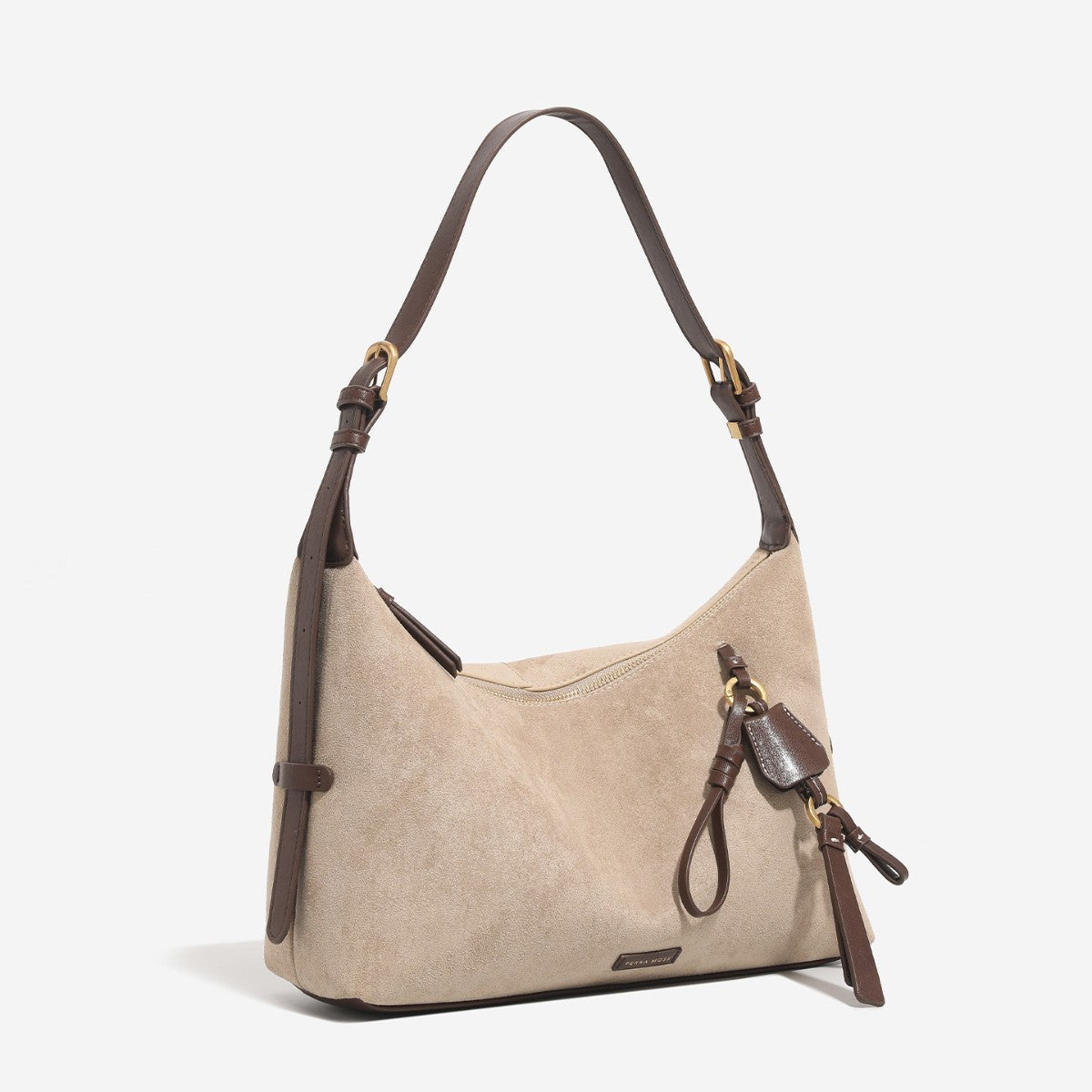 Sand suede-finish hobo shoulder bag with dark brown leather-look straps, gold-tone hardware, top zip closure, and hanging