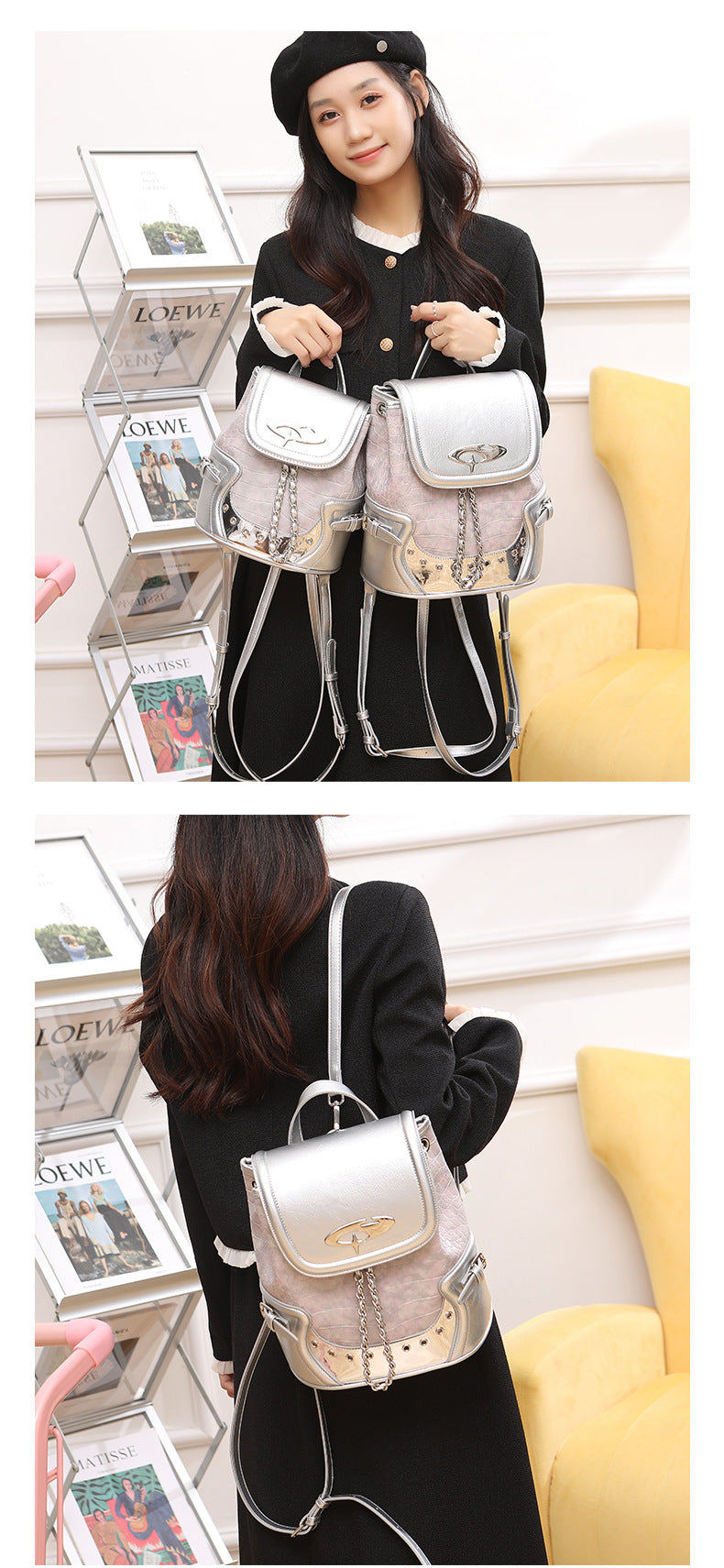 Croc-embossed mini backpack handbag with metallic silver flap, turn-lock closure, chain front detail, and top handle, detail