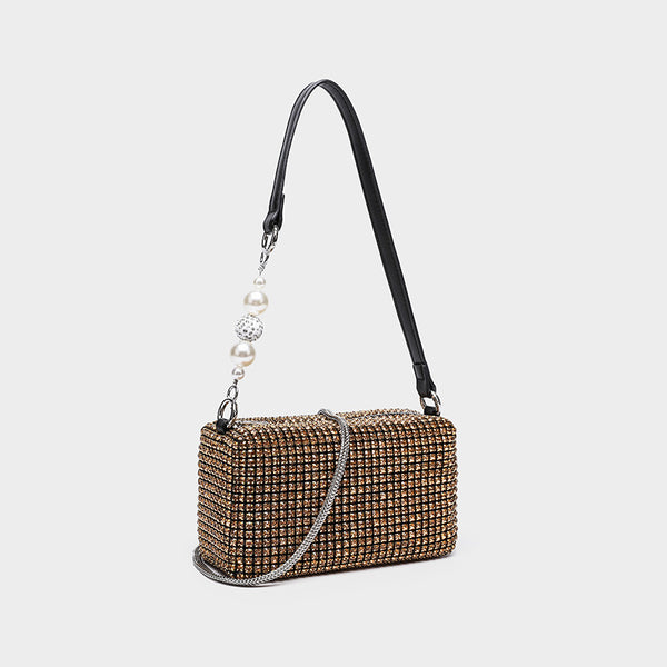 Small rectangular all-over rhinestone crossbody bag with pearl bead zipper pull and detachable silver chain strap, detail