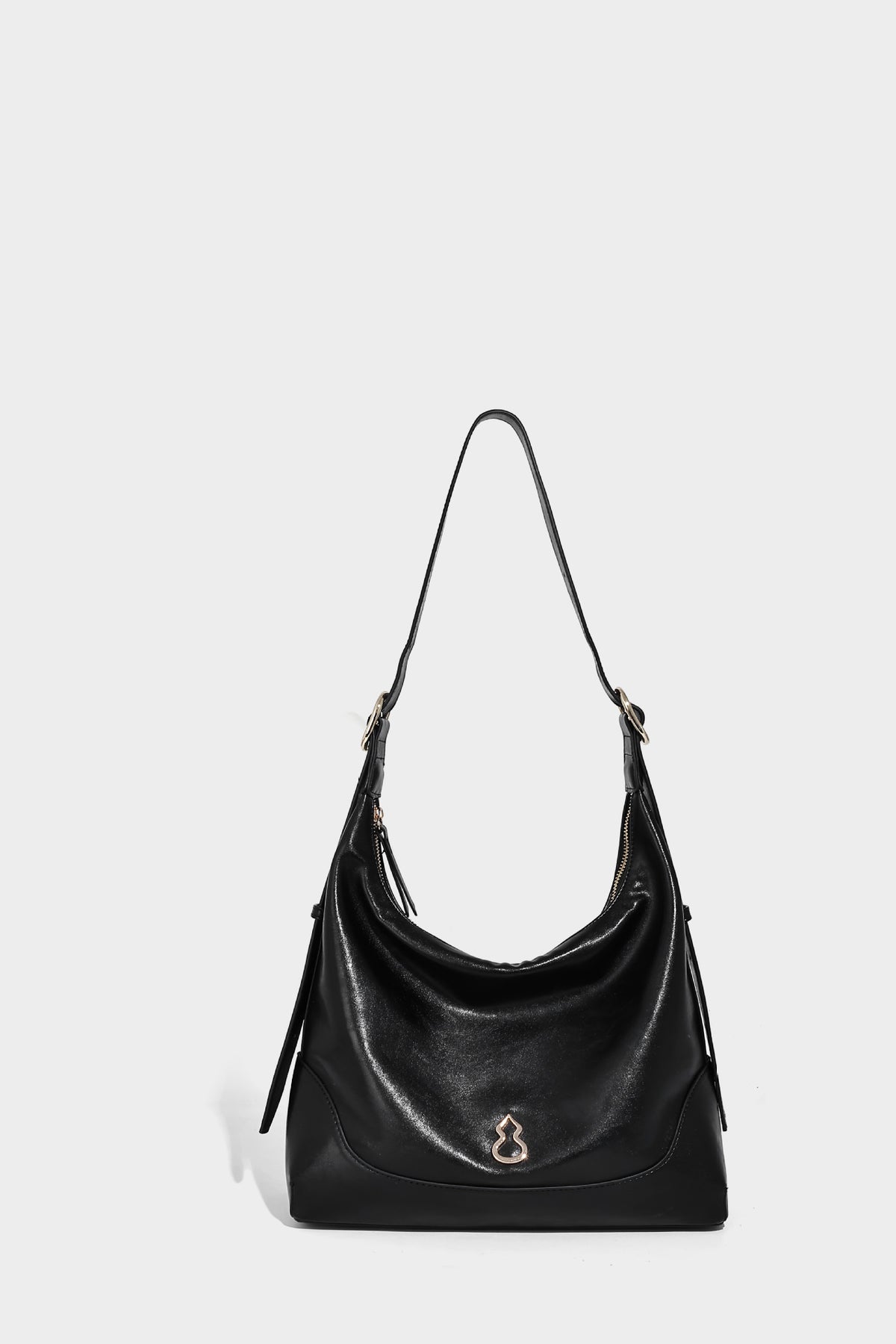 Glossy leather-look slouchy hobo shoulder bag with zip closure, gold-tone hardware, and adjustable strap, detail view 25