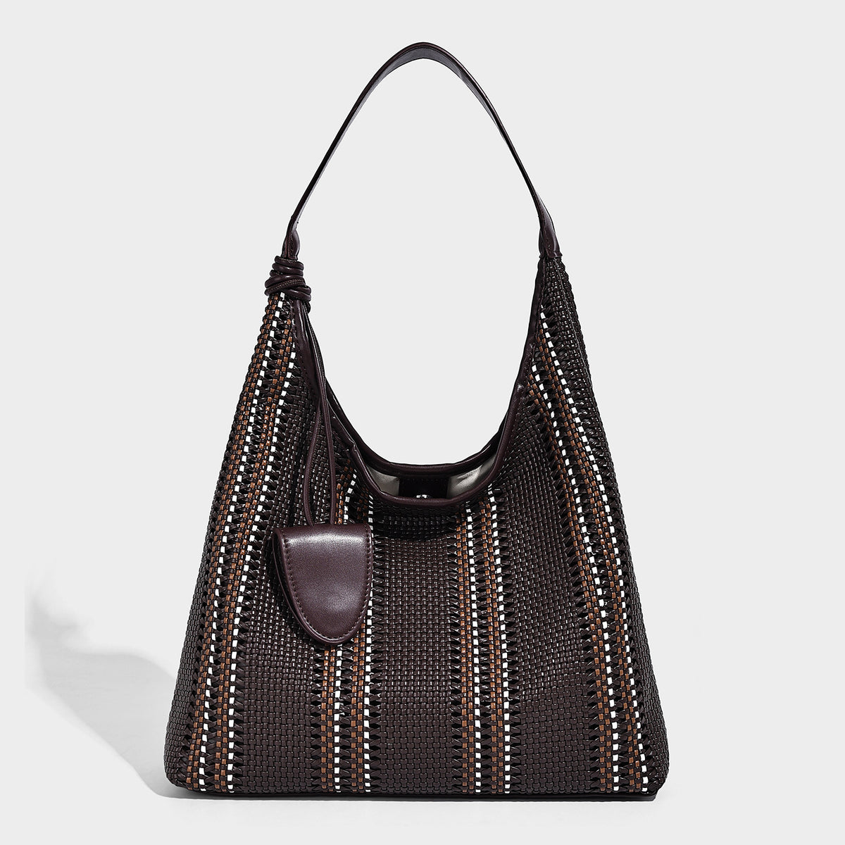 Woven striped slouch shoulder tote bag with knotted strap and attached front flap pouch, detail view 11