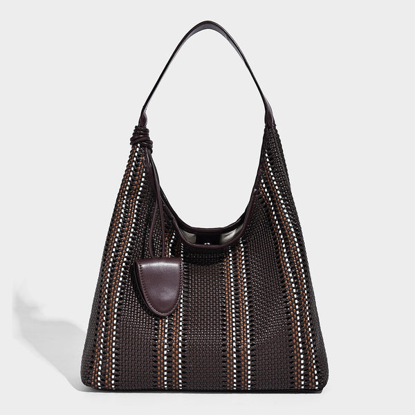 Woven striped slouch shoulder tote bag with knotted strap and attached front flap pouch, detail view 11