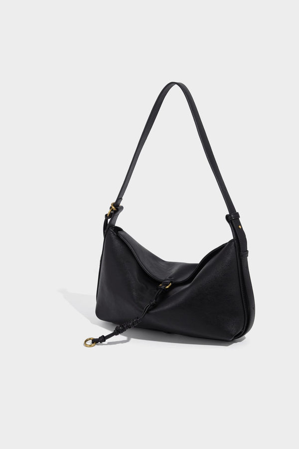 Slouchy brown leather-look shoulder bag with knotted drawcord tie closure, gold-tone ring hardware, and long adjustable