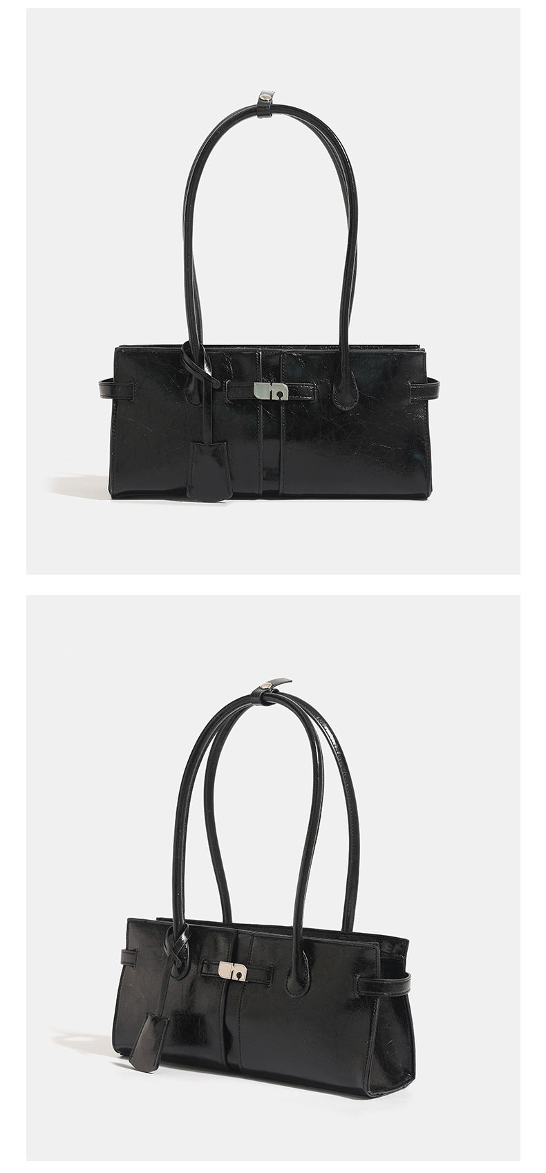 Structured glossy leather-look tote bag with long loop handles and silver turn-lock buckle closure, detail view 11