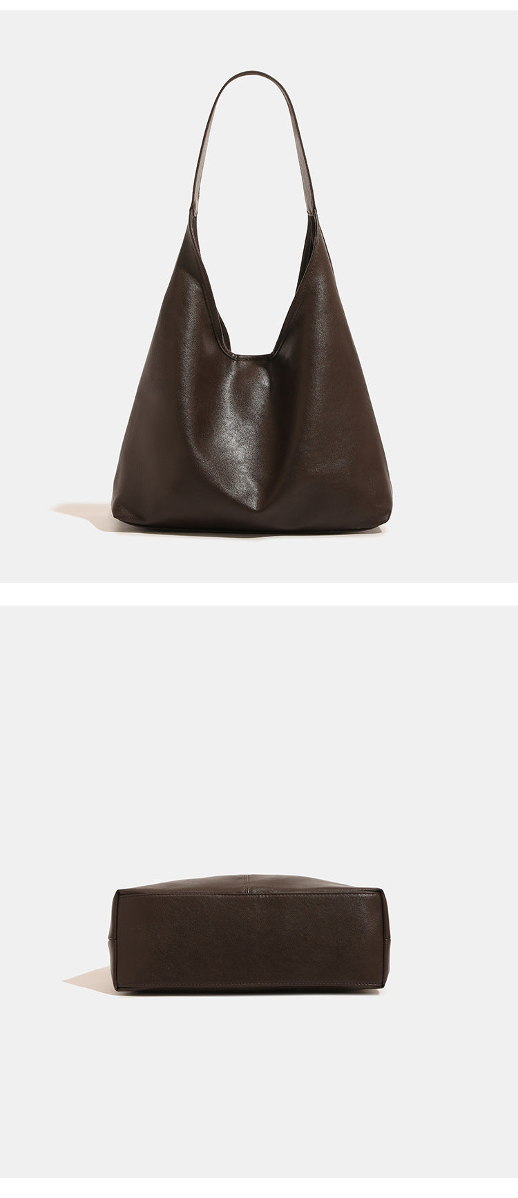 Oversized slouchy hobo tote bag in dark brown smooth matte leather-look finish with long flat shoulder strap and panelled