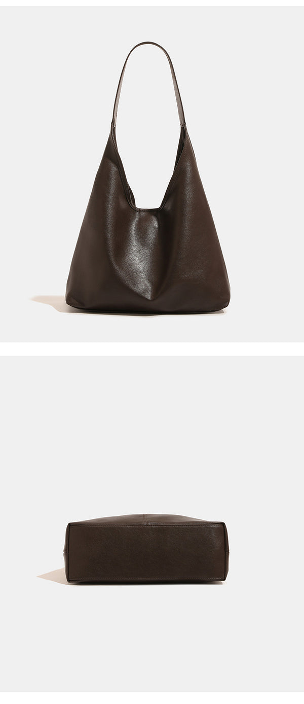 Oversized slouchy hobo tote bag in dark brown smooth matte leather-look finish with long flat shoulder strap and panelled