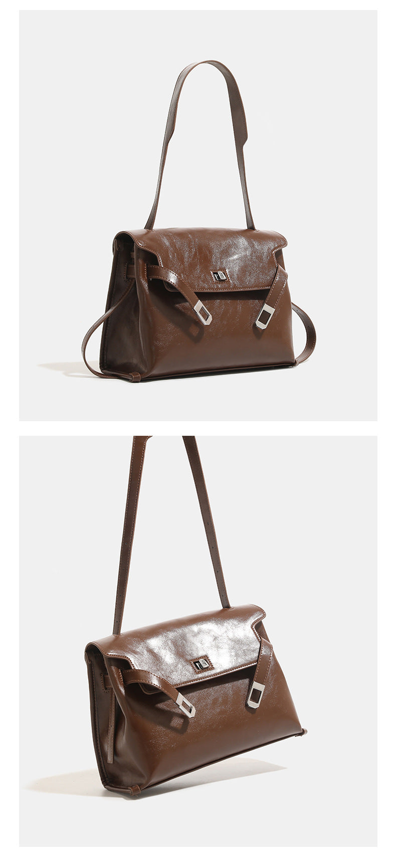 Structured rectangular flap shoulder bag in glossy leather-look finish with silver turn-lock clasp and adjustable strap