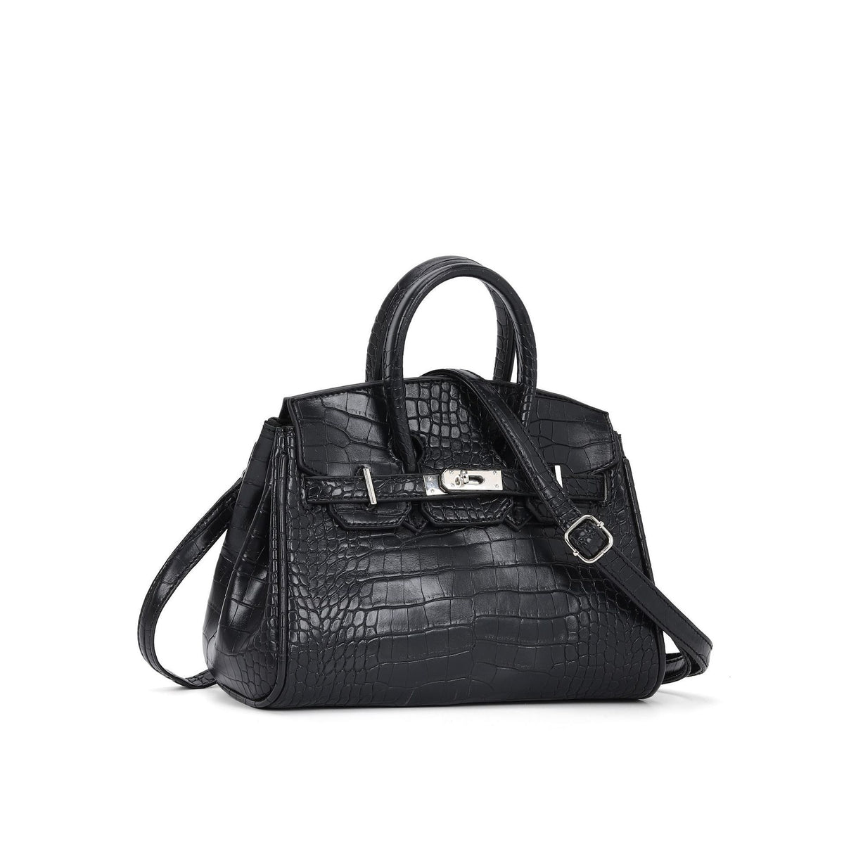 Croc-embossed structured trapezoid satchel with silver turn-lock hardware, rounded top handles, and detachable shoulder