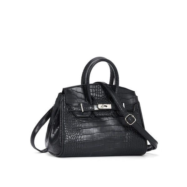 Croc-embossed structured trapezoid satchel with silver turn-lock hardware, rounded top handles, and detachable shoulder