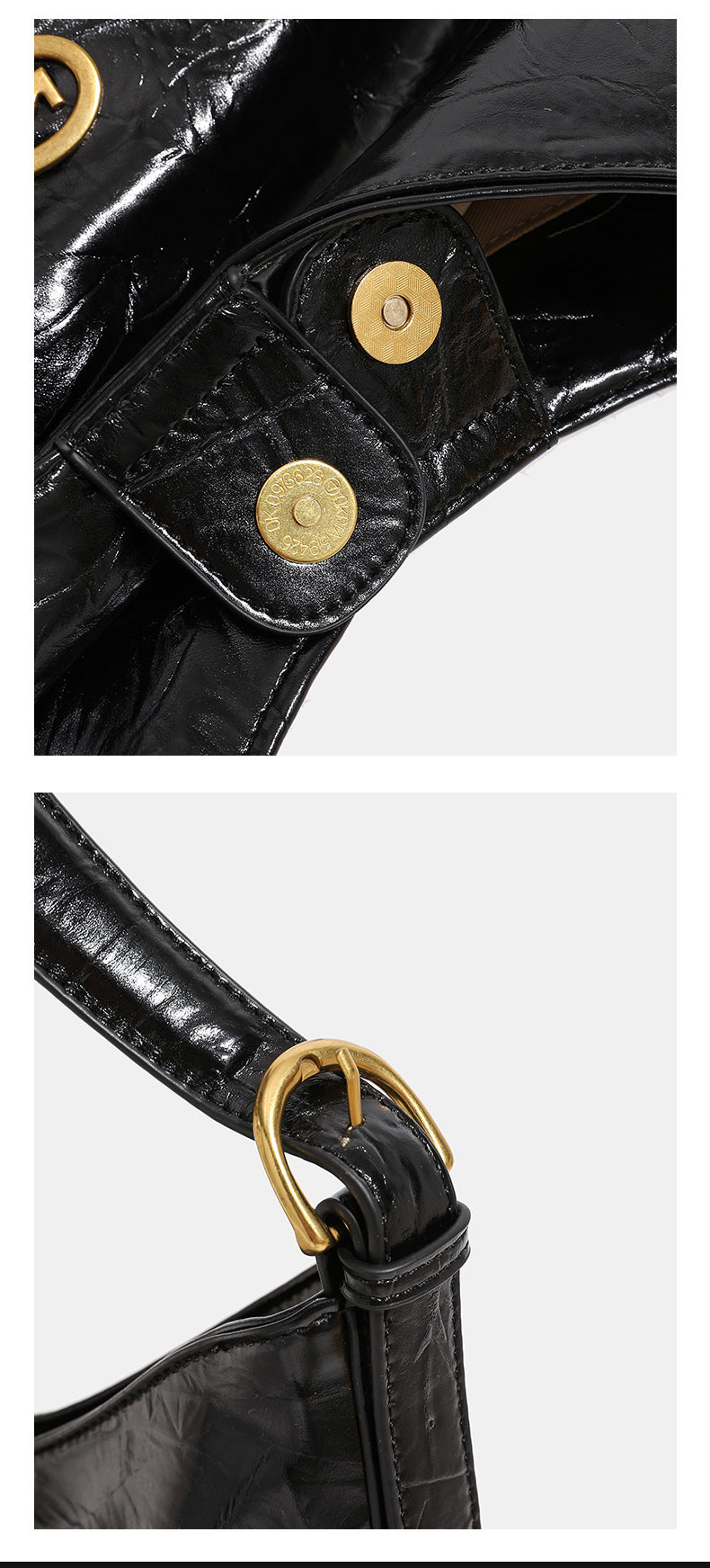 Glossy crinkled hobo shoulder bag with gold-tone logo hardware and adjustable strap, detail view 10