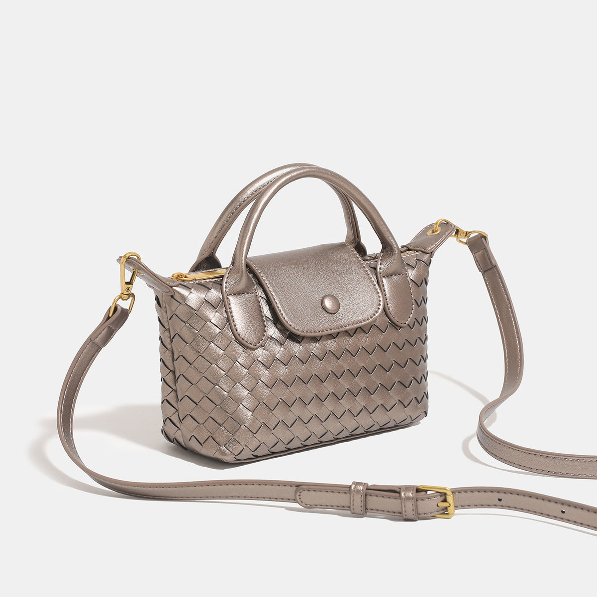 Small structured woven leather-look top-handle bag with gold-tone hardware and detachable crossbody strap, detail view 3