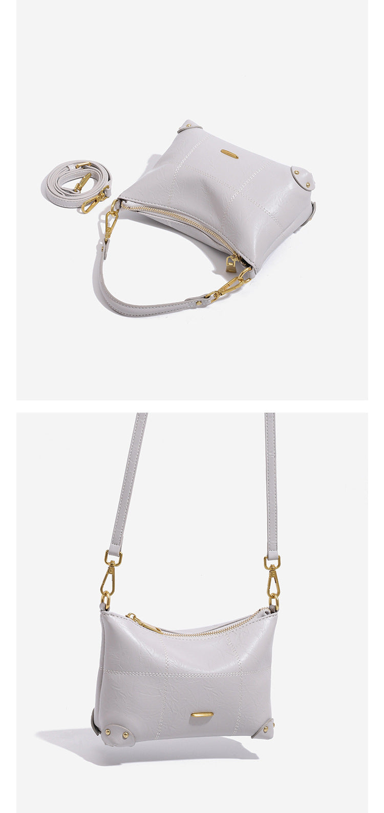 Small soft-structured shoulder bag with curved zip closure, stitched panel detailing, and gold-tone hardware, detail view 13