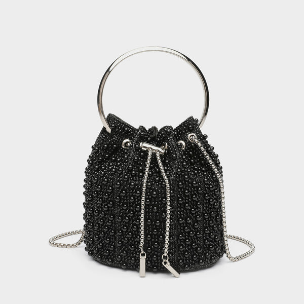 Small pearl-beaded drawstring bucket bag with silver-tone ring top handle and chain shoulder strap, detail view 8