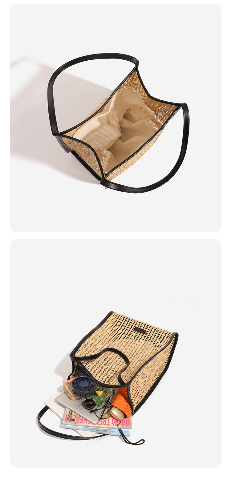Tan open-weave raffia tote bag with black leather-look trim and long black shoulder straps, trapezoid silhouette, detail view