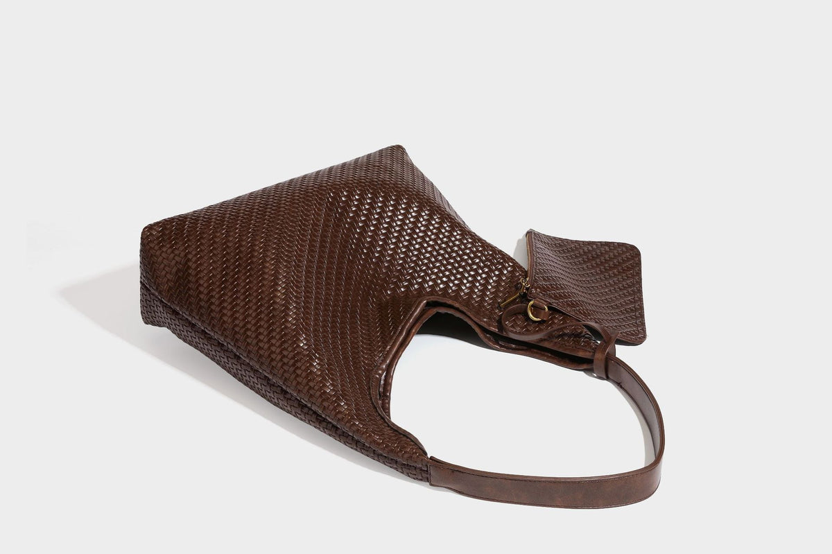 Slouchy woven leather-look hobo tote bag in brown with detachable zip pouch and gold-tone hardware, detail view 39