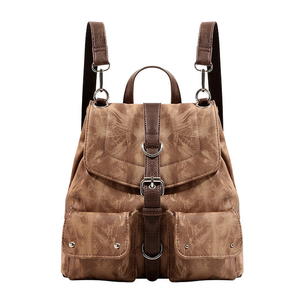 Compact distressed leather-look tan-brown backpack handbag with flap-and-buckle closure, two front patch pockets, top handle
