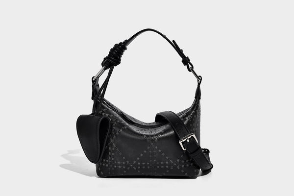 Small embossed half-moon shoulder bag with top zipper, detachable front pouch, and adjustable slim strap, detail view 9