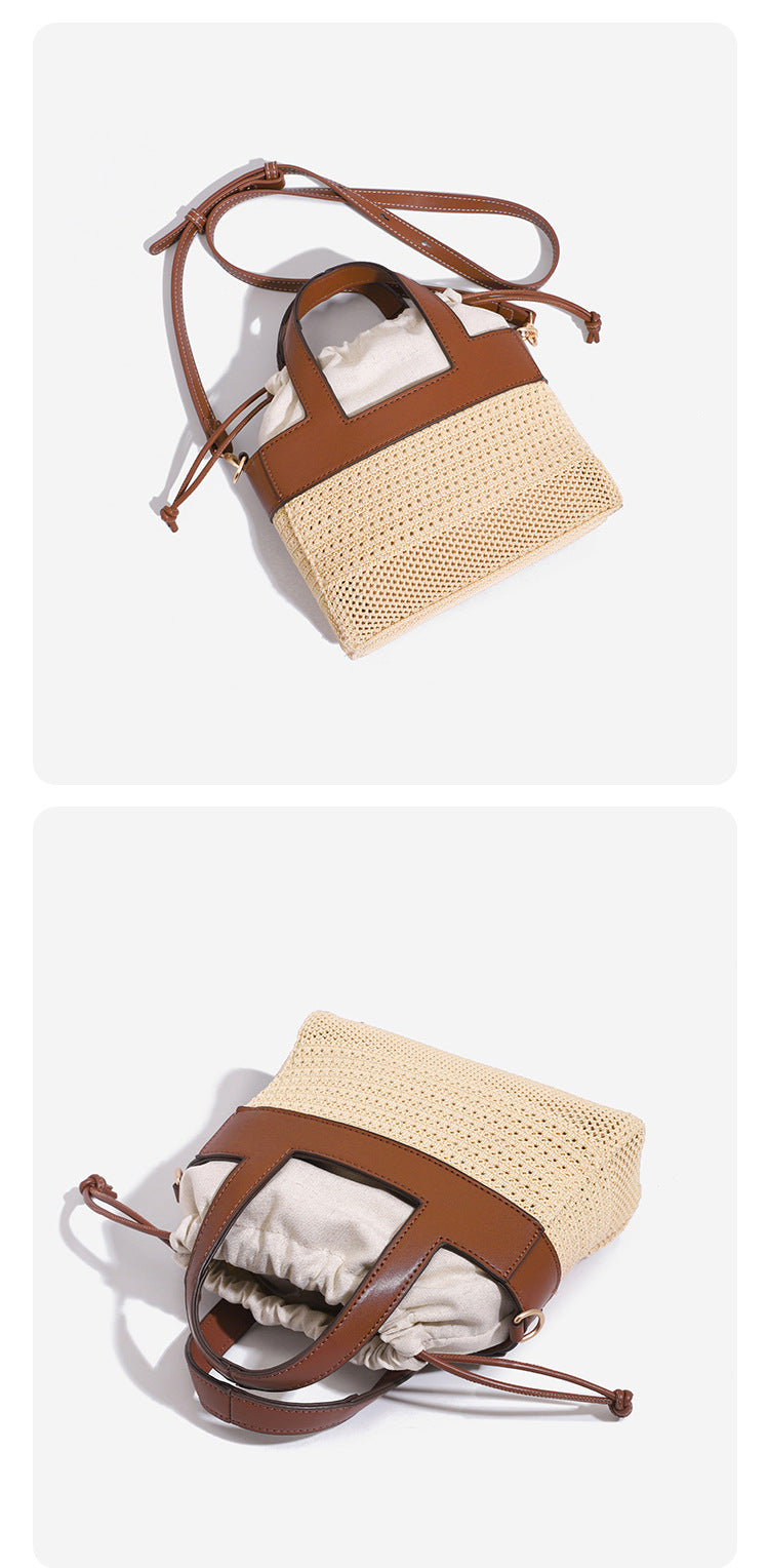 Small woven open-weave bucket bag with brown leather-look trim, cream gathered drawstring lining, dual top handles, and
