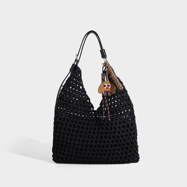 Slouchy open-knit crochet hobo tote bag with leather-look top handle and metal buckle hardware, detail view 7