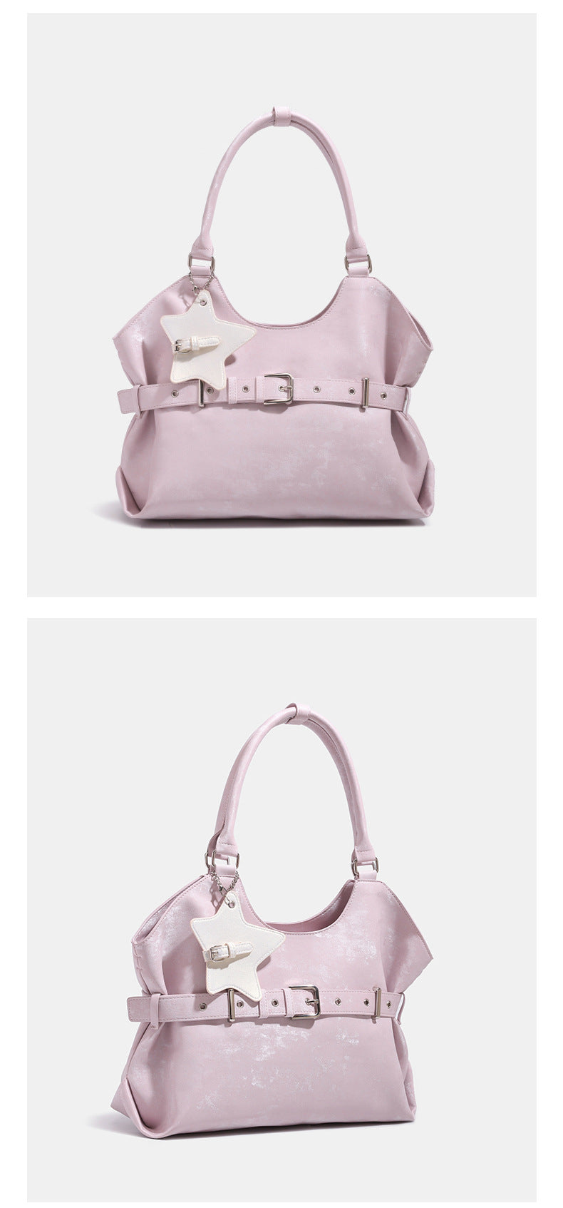 Large soft hobo shoulder bag with glossy textured finish, decorative belt buckle, star charm, and silver-tone hardware