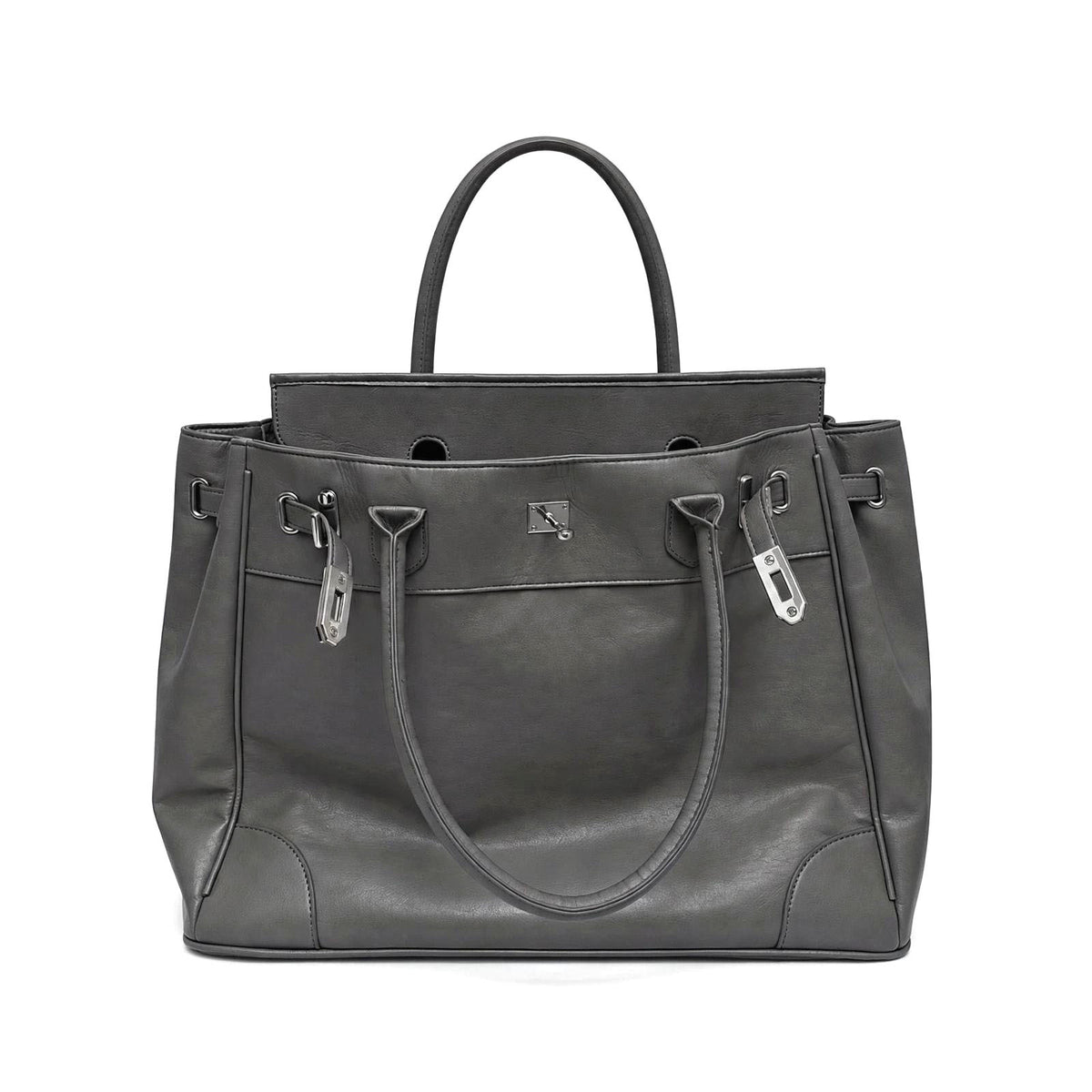 Large structured tote bag with turn-lock closure, silver-tone buckle hardware, and twin rolled handles, detail view 7