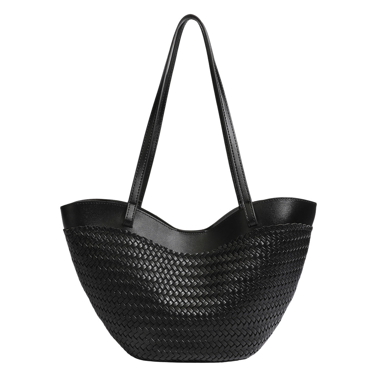 Große schwarze gewebte Tote-Bag mit glatten Besätzen in Lederoptik, langen doppelten Schulterriemen und geschwungener Silhouette, Detailansicht 5