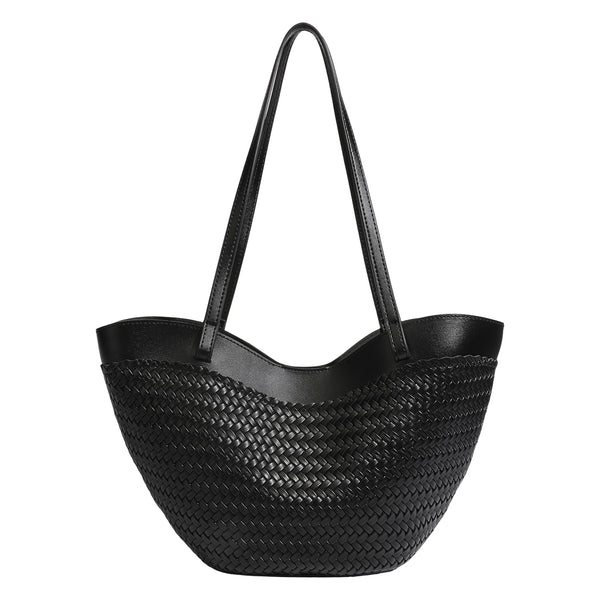 Große schwarze gewebte Tote-Bag mit glatten Besätzen in Lederoptik, langen doppelten Schulterriemen und geschwungener Silhouette, Detailansicht 5