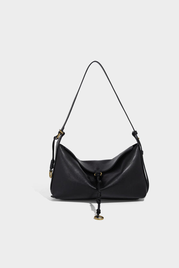 Slouchy brown leather-look shoulder bag with knotted drawcord tie closure, gold-tone ring hardware, and long adjustable
