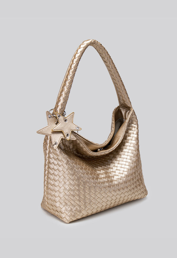 Large woven leather-look hobo shoulder bag with braided strap and star charm, detail view 11